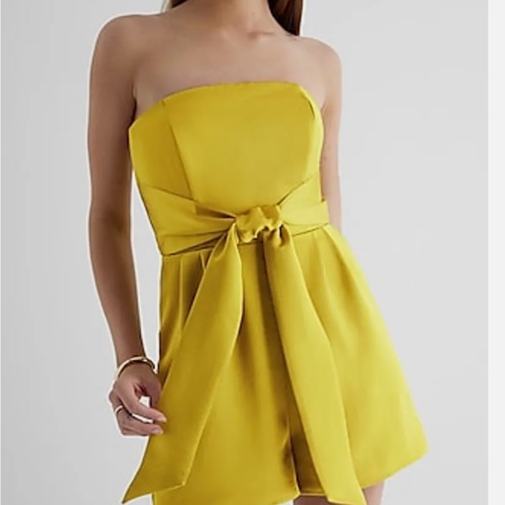 Express Yellow Strapless Sheath Dress with Tie Front